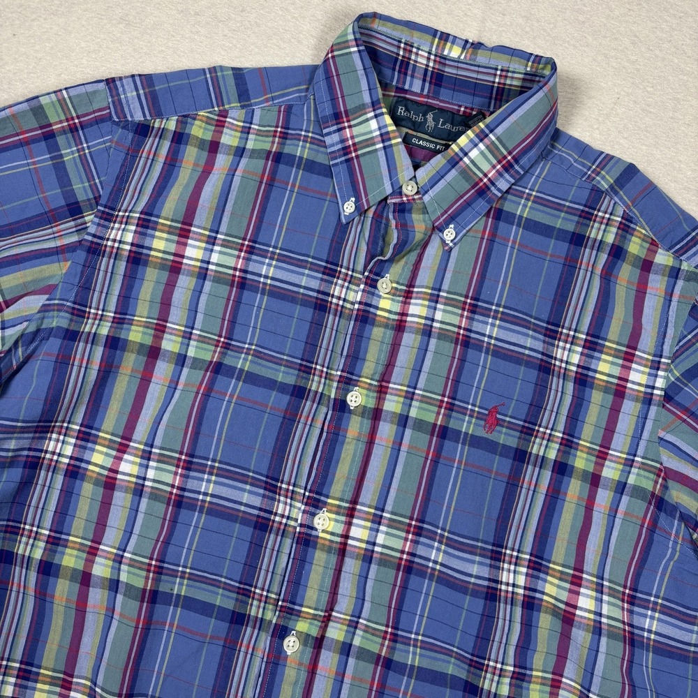 Ralph Lauren Shirt Mens Large Blue Plaid Classic Fit Short Sleeve‎ Cotton